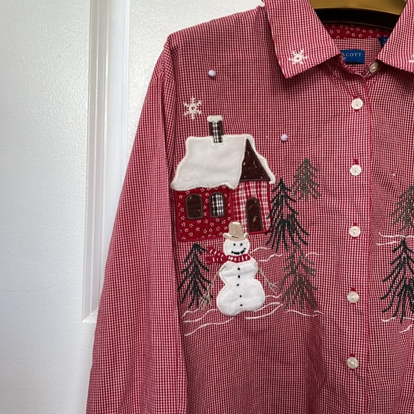Vtg CHRISTMAS holiday Karen Scott button down shirt top red gingham embroidered - Picture 2 of 7